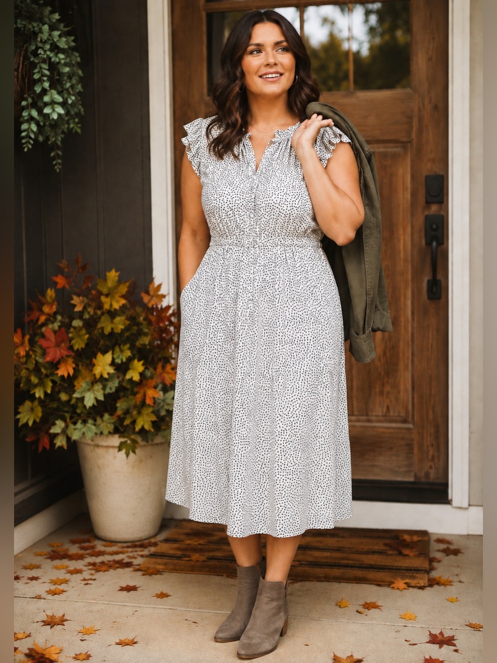 Adrianna Papell Dot Print Midi Retro Flutter Sleeve Dress Black & White Sz XL